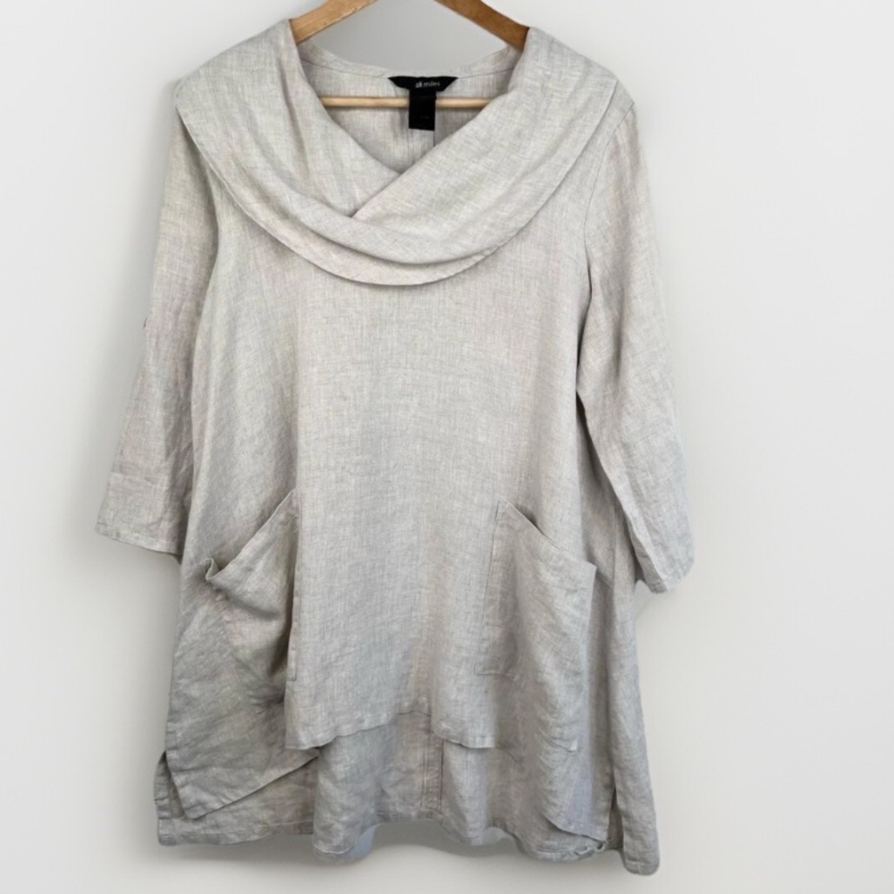 Ali Miles Light Taupe Linen Cowl Neck Tunic